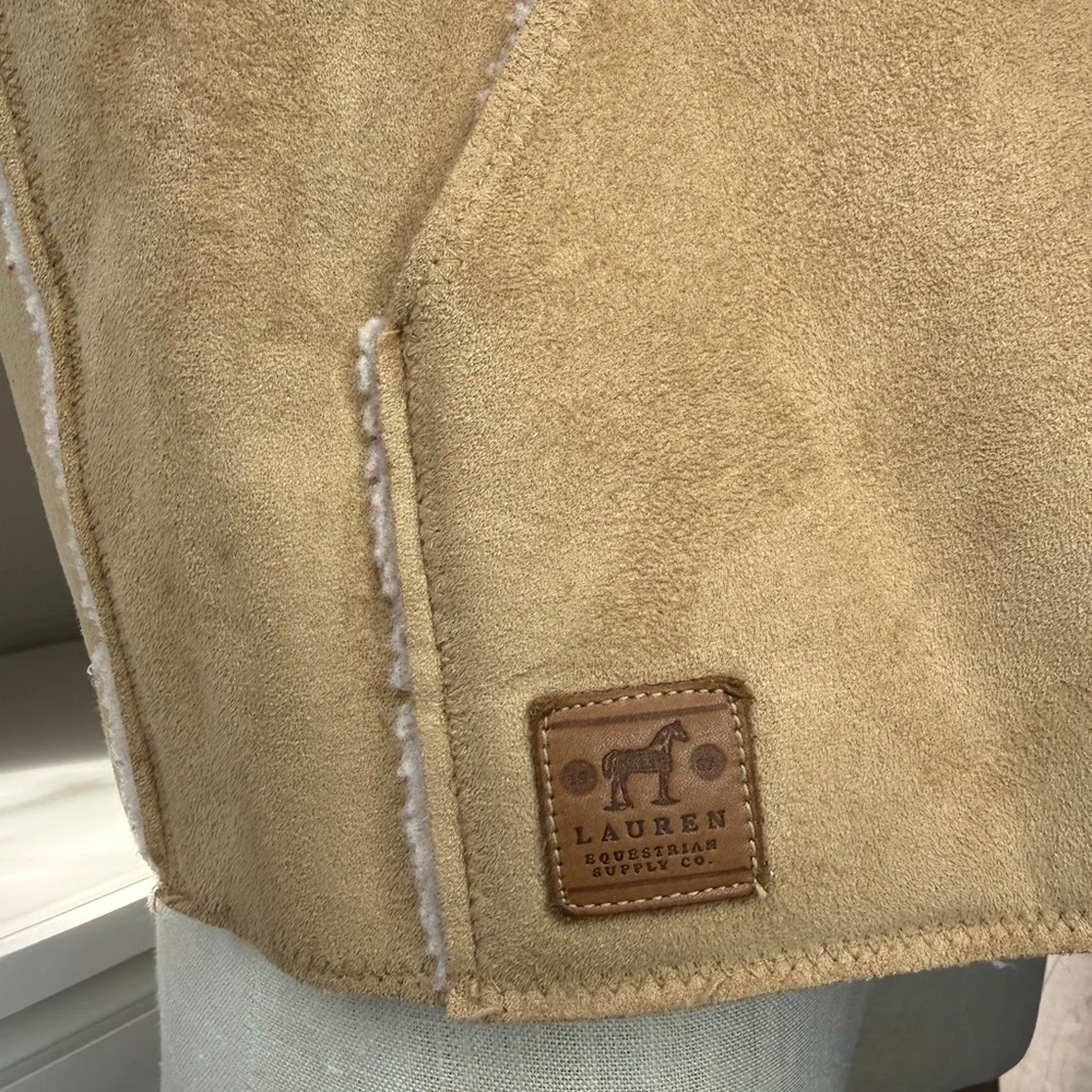 Ralph Lauren tan faux suede hooded sweater vest with pockets - Picture 3 of 6